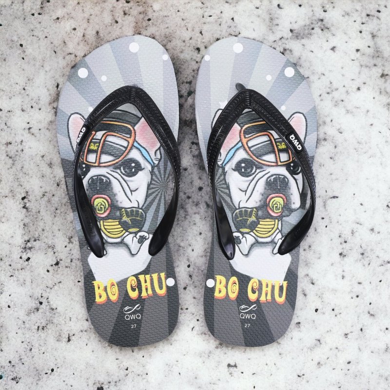 男生法斗狗狗夹脚拖鞋 软Q止滑情侣人字拖鞋 黑色 -Bo Chu- - 拖鞋 - 橡胶 多色