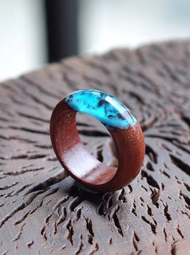 踏雪、手工树脂木头戒指、自然微景观、定制刻字颜色饰品、自然风 - 戒指 - 树脂 蓝色
