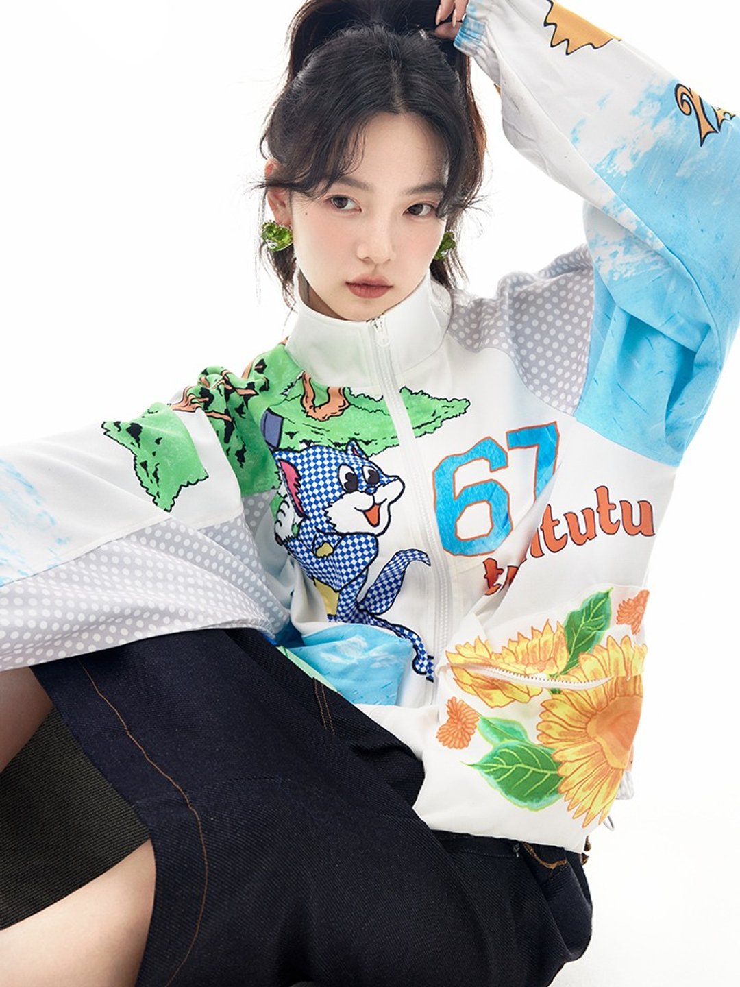 卡通印花绒面拼布双色外套宽松休闲 - 女装西装外套/风衣 - 其他材质 多色