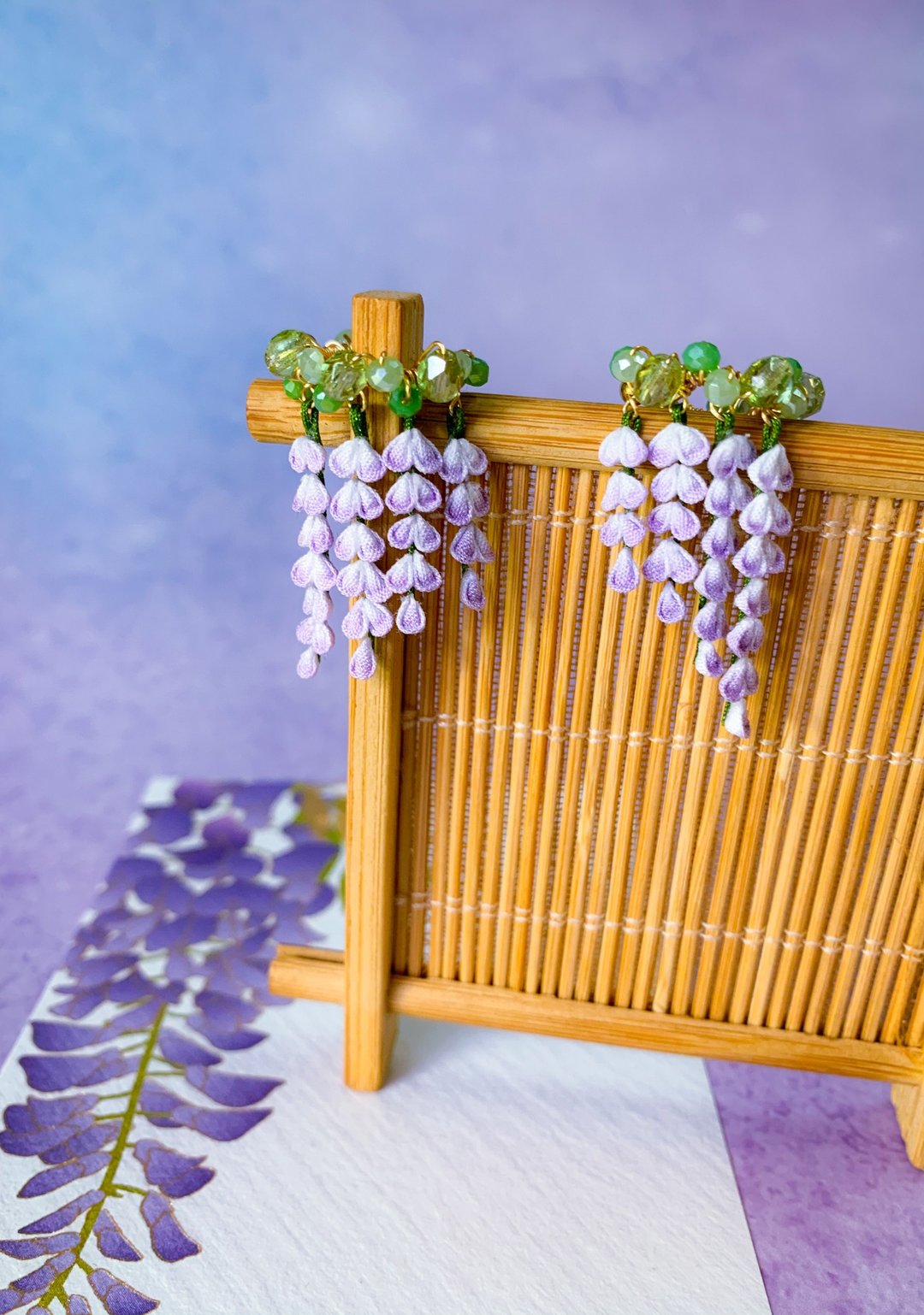 (紫藤 藤の花) 细工布花 紫藤花帘耳骨夹 紫色优雅 - 耳环/耳夹 - 棉．麻 紫色