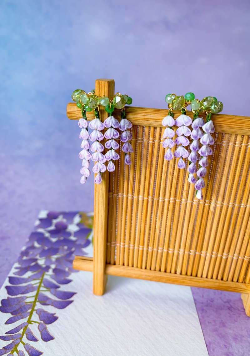 (紫藤 藤の花) 细工布花 紫藤花帘耳骨夹 紫色优雅 - 耳环/耳夹 - 棉．麻 紫色