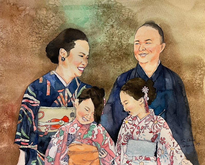 T.O肖像画(A4尺寸)四人或亲爱的宠物 - 订制画像 - 纸 