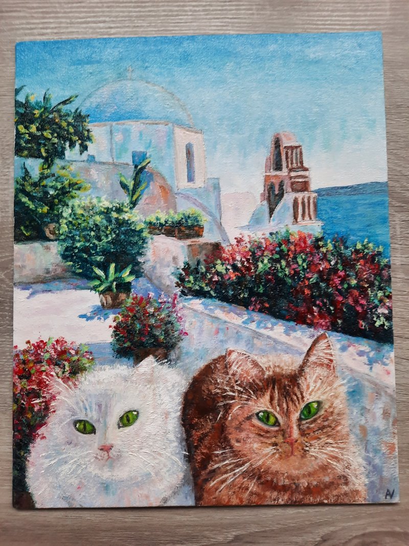 两只猫原创油画，圣托里尼墙艺术，传统希腊艺术品 - 墙贴/壁贴 - 环保材料 白色