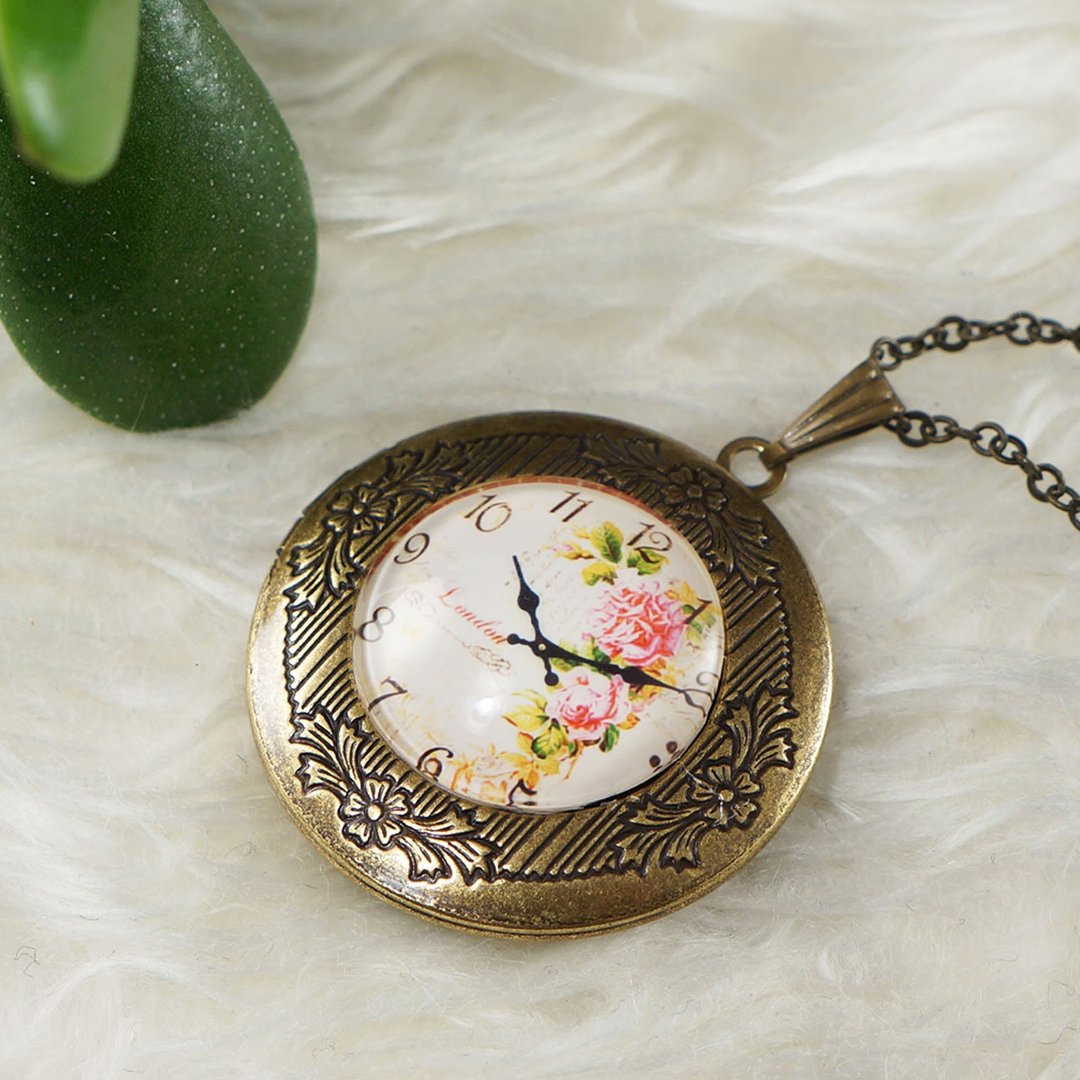 Round Brass Locket Necklace Pink Rose Watch Face Locket Pendant Necklace Jewelry - 项链 - 玻璃 粉红色
