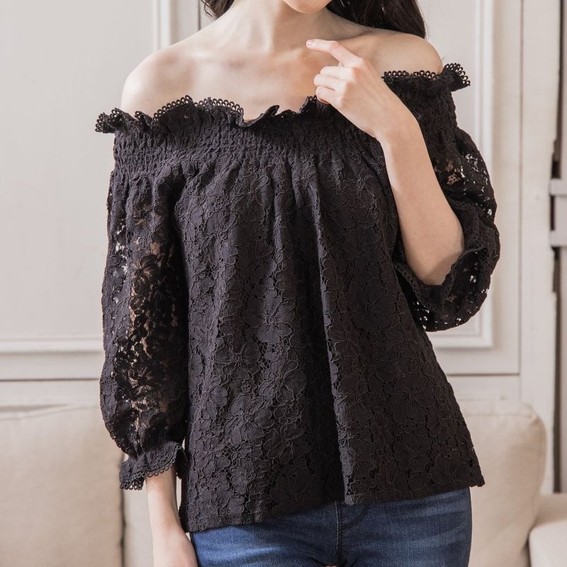 篓空绣花蕾丝两穿上衣  黑 - 女装上衣 - 聚酯纤维 黑色