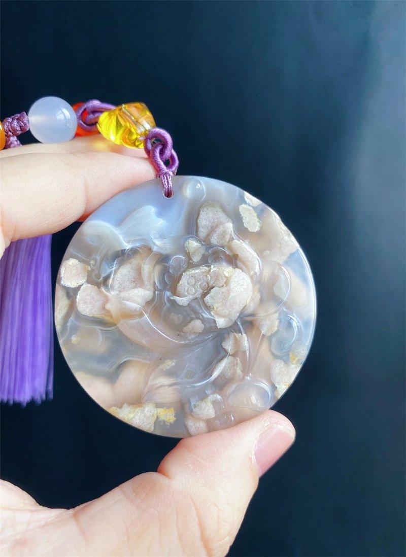 樱花玛瑙 紫底 爆米花 莲 雕刻件 水晶 包挂 天然石 礼物 - 钥匙链/钥匙包 - 水晶 紫色