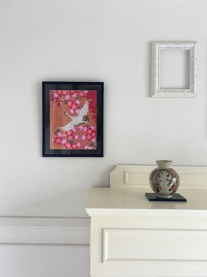 由彩色打挂复古刺绣和服制成的艺术面板现代日和风室内装饰礼物鹤结婚礼物乔迁礼物长寿礼物幸运符框架内部框架 9 - 墙贴/壁贴 - 丝．绢 粉红色