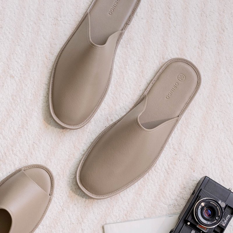 牛皮闭口胶底室内拖鞋-暖灰 - 室内拖鞋 - 真皮 灰色