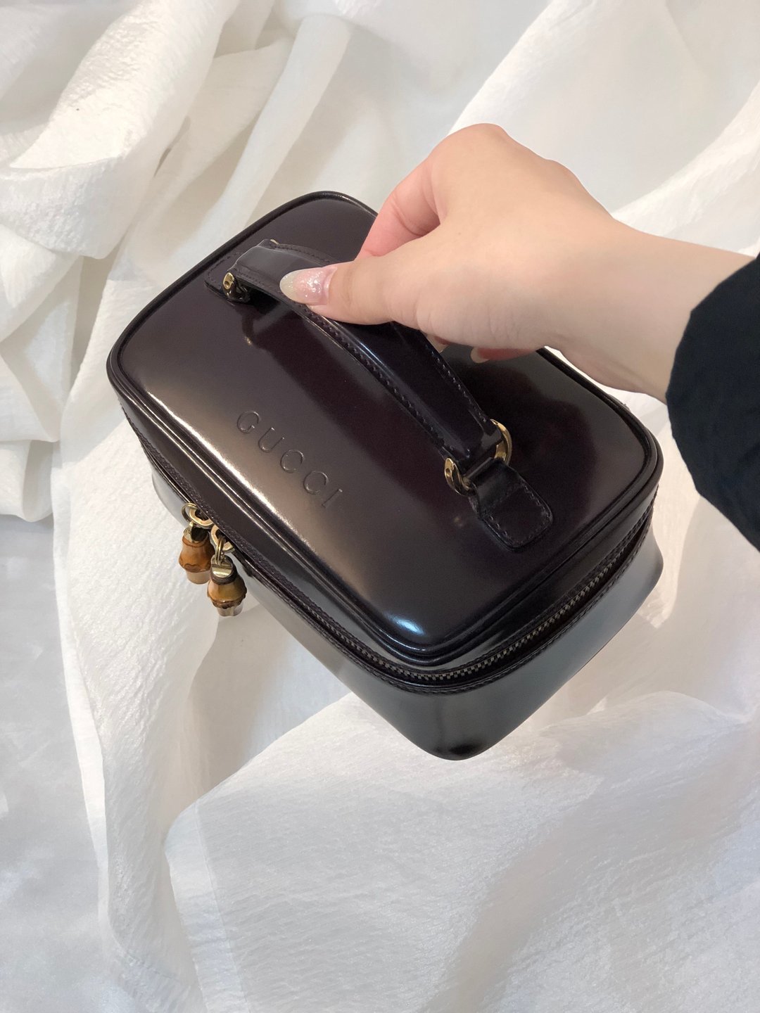 [Japan direct delivery name card used package] GUCCI Gucci Logo Bamboo Enamel Leather Vanity Bag Handbag Brown Old Gucci umgaas - 手提包/手提袋 - 真皮 咖啡色
