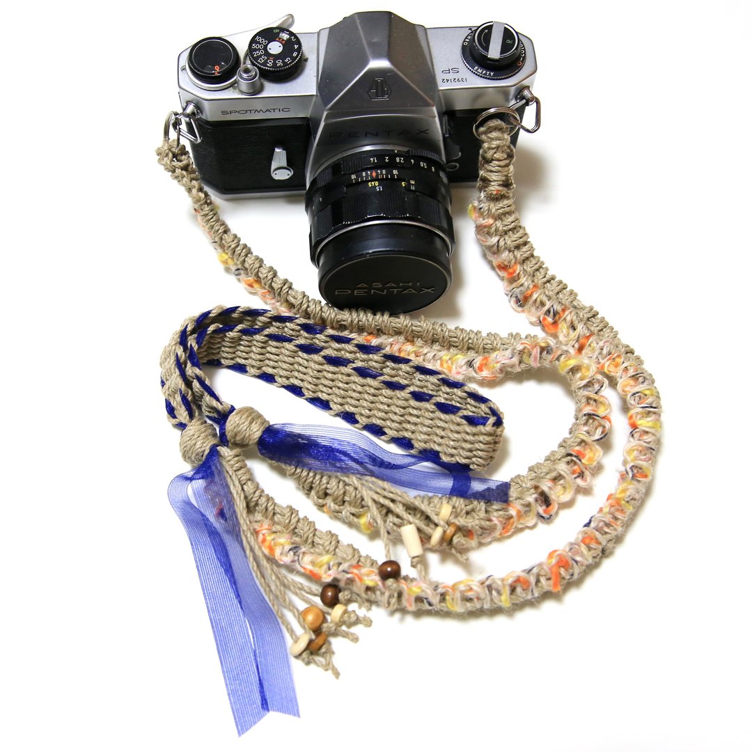 Navy ribbon hemp cord hemp camera strap / double ring - 挂绳/吊绳 - 棉 蓝色