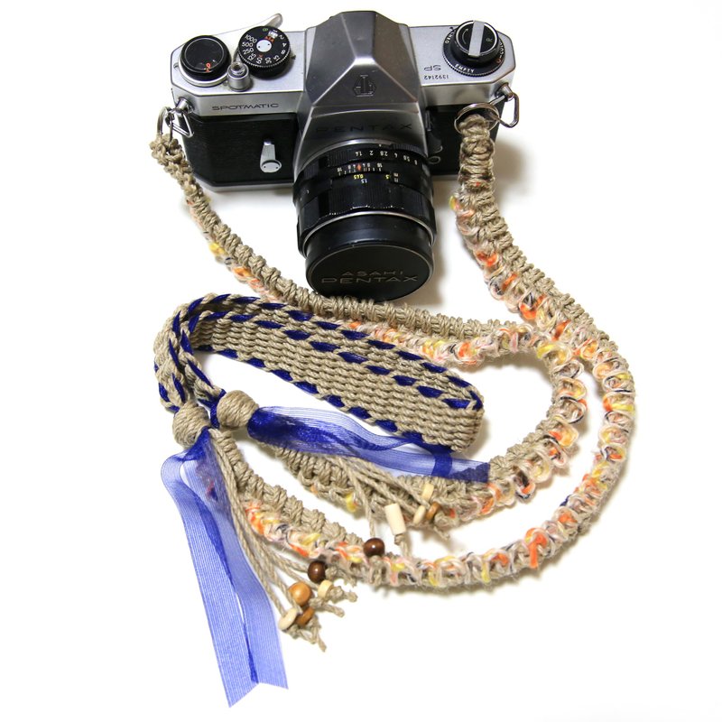 Navy ribbon hemp cord hemp camera strap / double ring - 挂绳/吊绳 - 棉．麻 蓝色