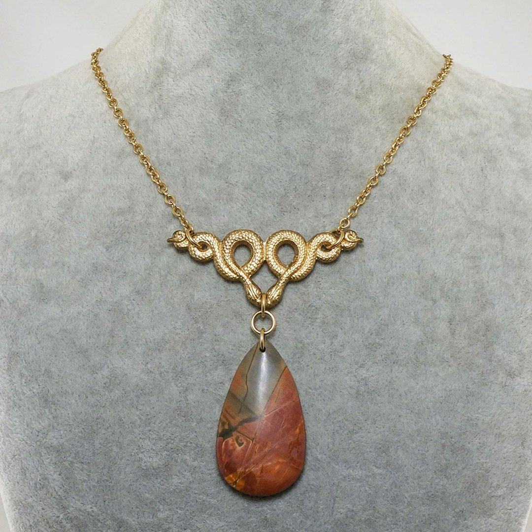 Orange Red Picasso Jasper Gold Brass Snake Pendant Necklace Woman Jewelry Gift - 项链 - 半宝石 橘色