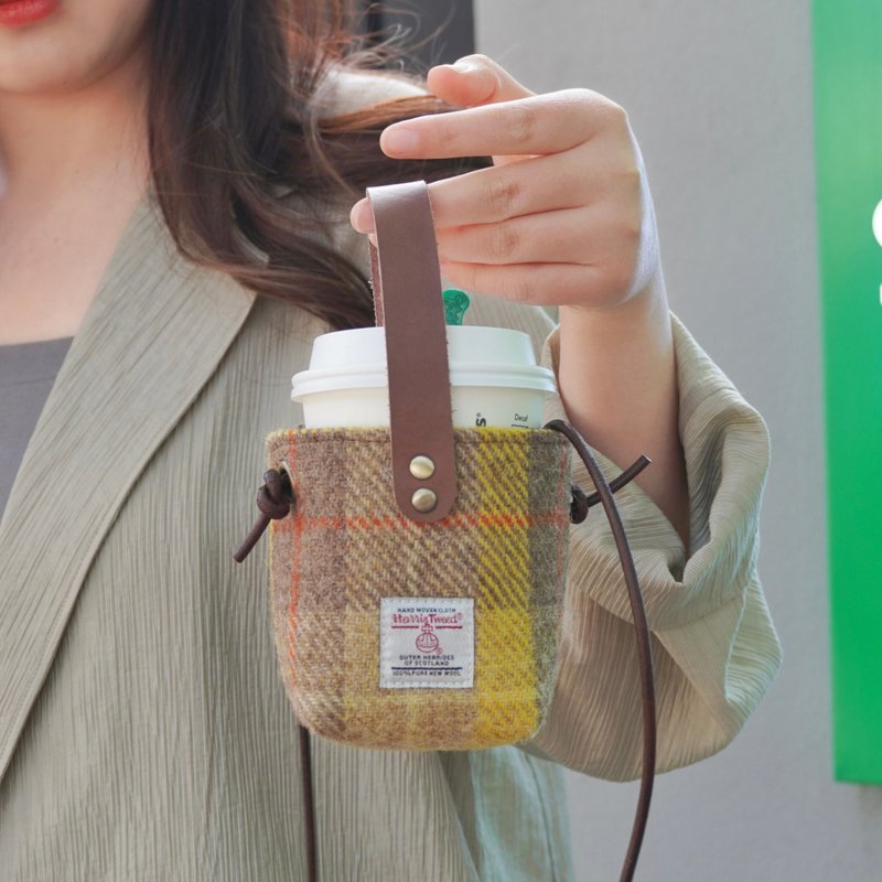 手工制作随身杯咖啡杯牛皮绳斜挎harris tweed包 - 侧背包/斜挎包 - 羊毛 黄色