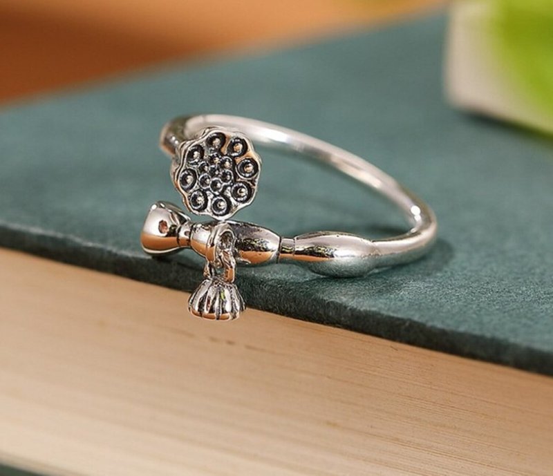 Glossy Silver Lotus Rings for Women Real 925 Sterling Silver Lotus Roots Rings - 戒指 - 银 银色