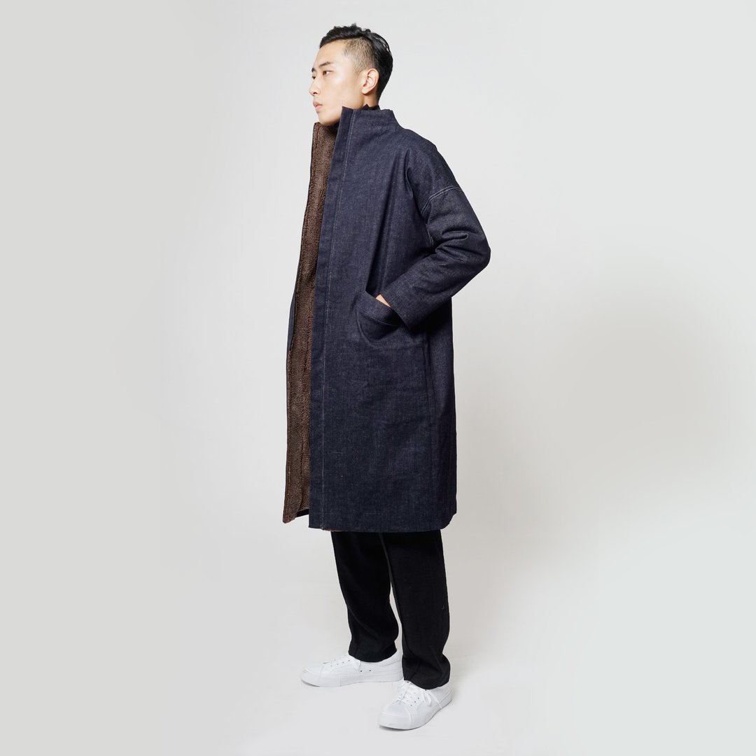 黑白切 FW 超保暖内刷毛长版外套 - 男装外套 - 棉 蓝色