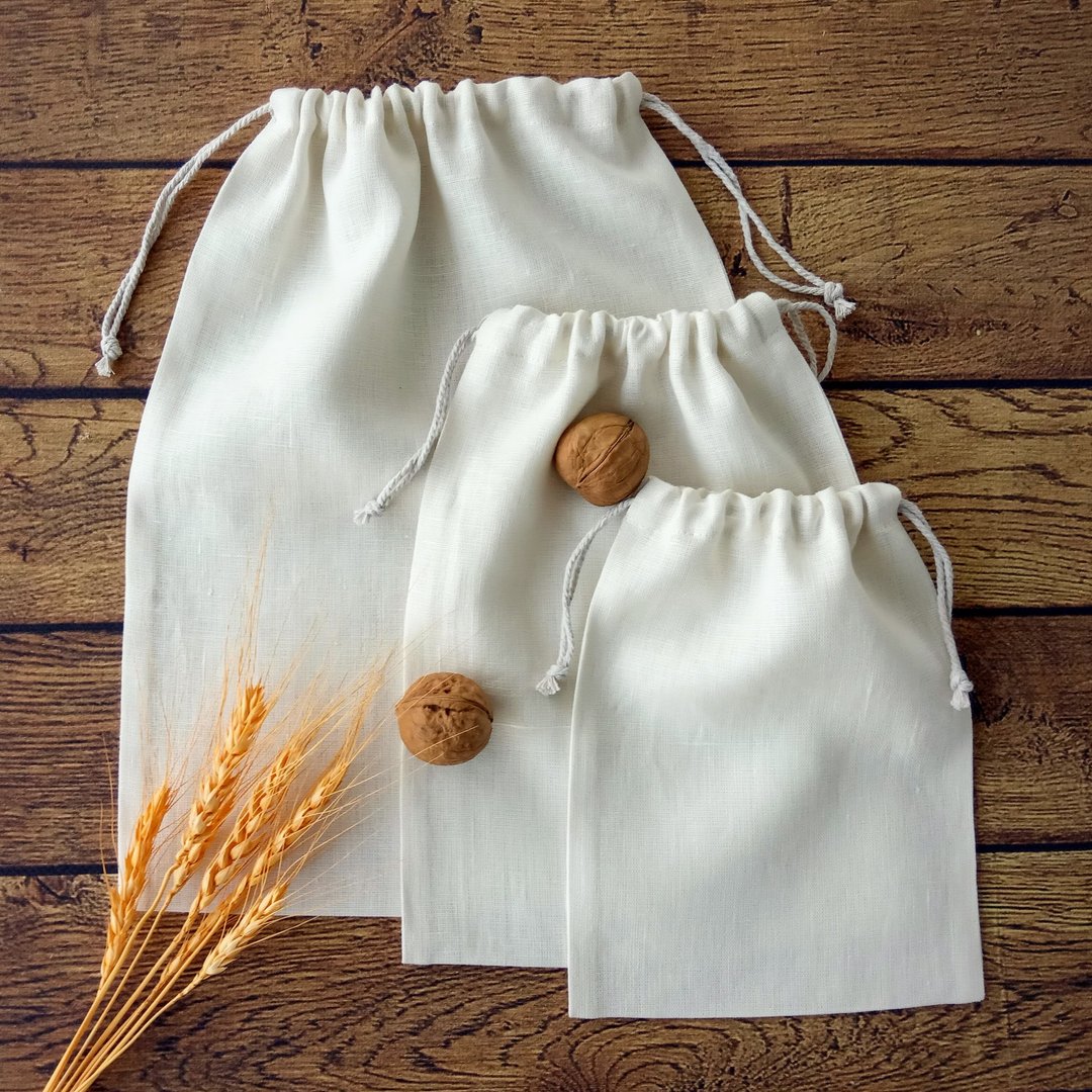 White reusable bags for food storage, Washable produce linen bag with drawstring - 调味罐/酱料瓶 - 亚麻 白色