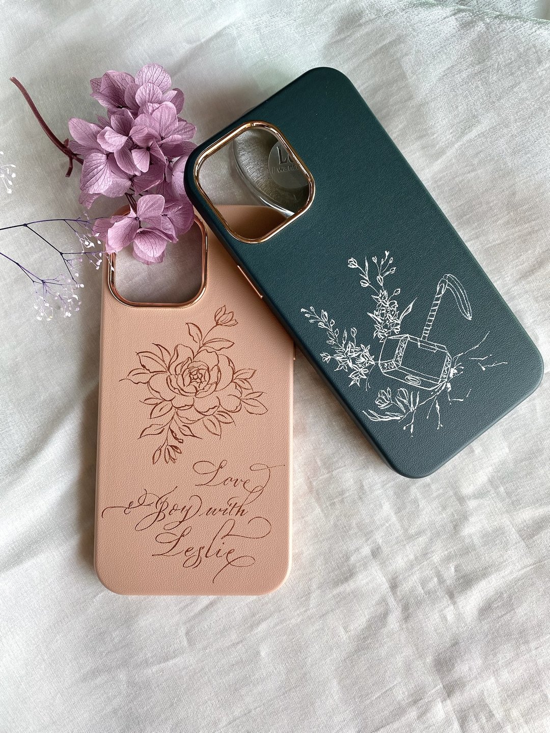 iPhone 防摔手机壳 皮质 12 mini pro max 定制图案 刻字 保护壳 - 手机壳/手机套 - 人造皮革 粉红色