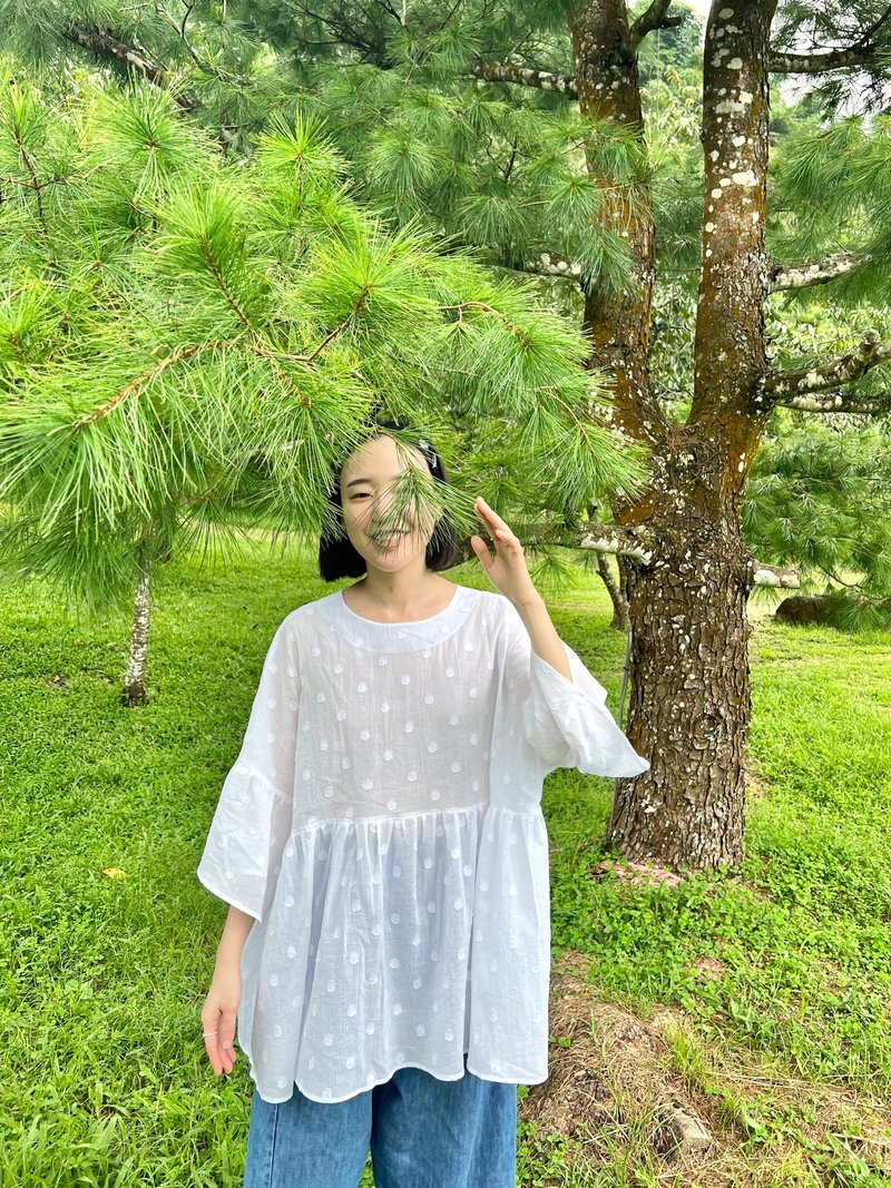 白色点点伞状娃娃装 - 女装上衣 - 棉．麻 白色