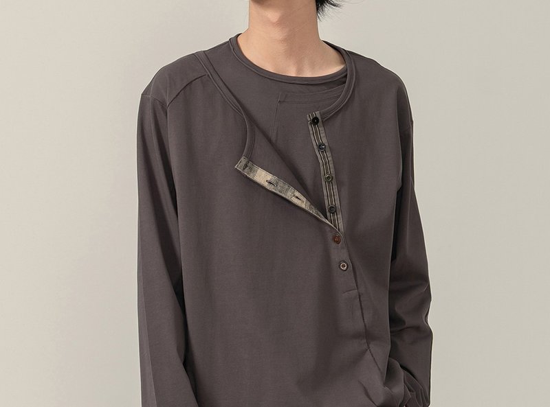 【栉花】森系文艺复古 亨利领打底T恤 - 男装上衣/T 恤 - 其他材质 灰色