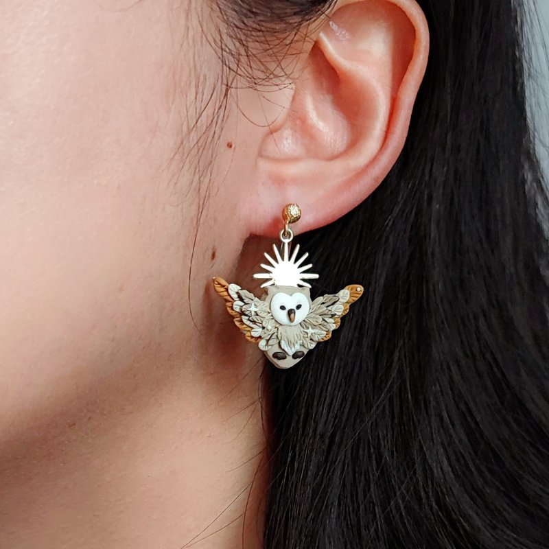bi creatures//猫头鹰金环手工软陶耳环 - 耳环/耳夹 - 粘土 金色