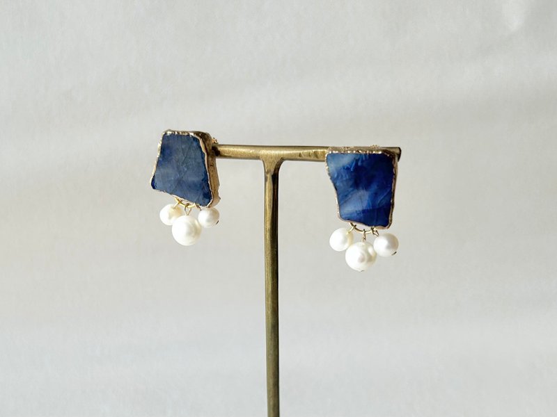 萩烧 金继 螺旋式耳夹 蓝色 淡水珍珠 天然石 传统工艺 No.199 - 耳环/耳夹 - 陶 蓝色