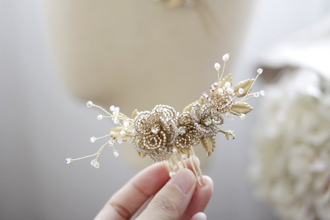 手工浅金珠花头饰,新娘水晶头饰,复古金头饰,bridal headpiece - 发饰 - 水晶 金色