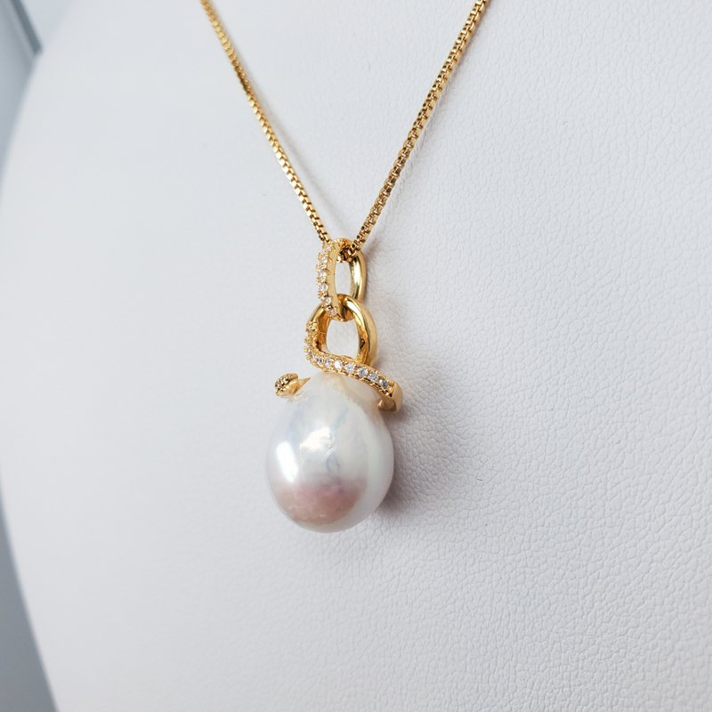 。黄金丝带。天然镜面奶白色。淡水大水滴珍珠。925纯银项链。 - 项链 - 珍珠 金色