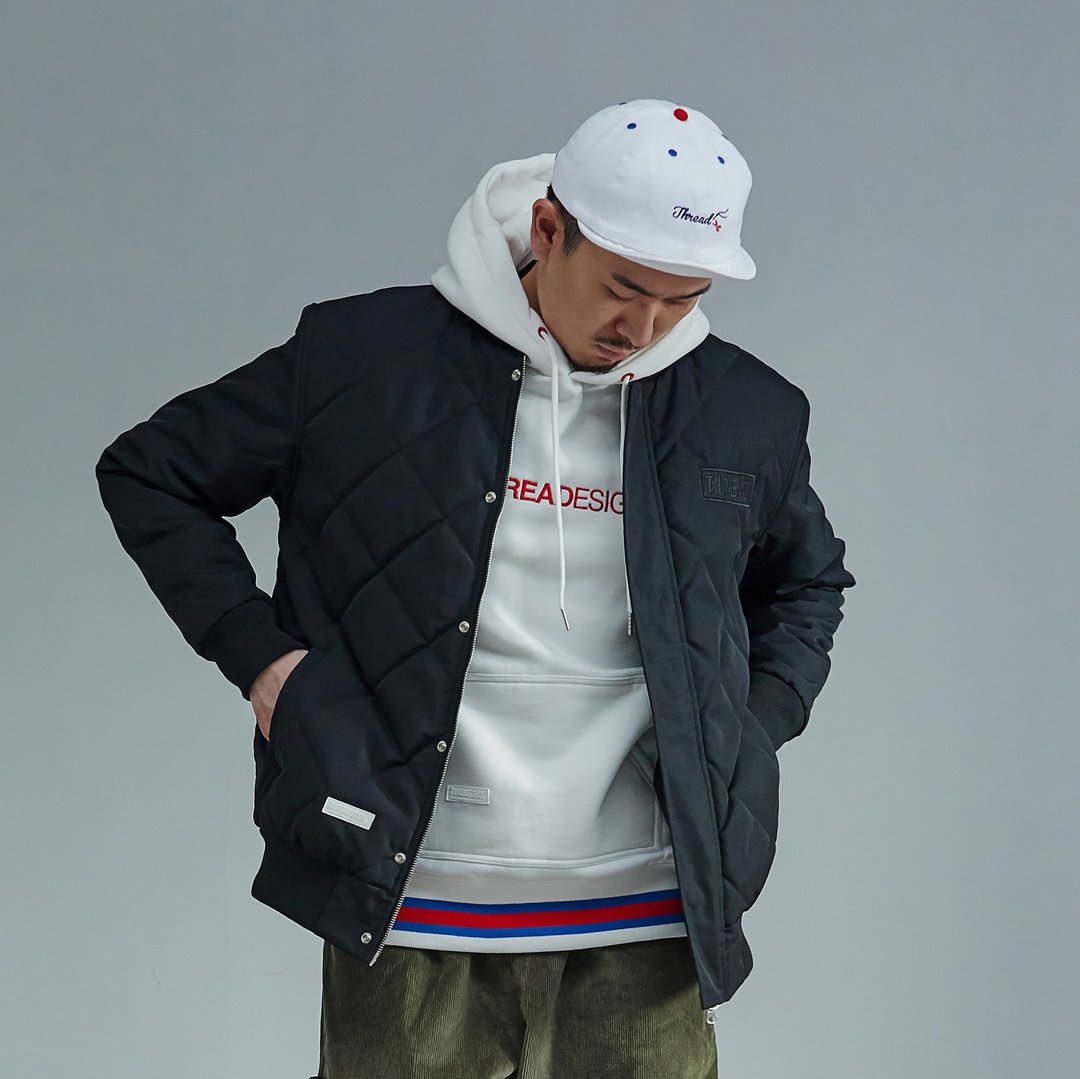 THREADESIGN QUILED BOMBER JACKET 菱格夹棉棒球夹克拉链外套 - 男装外套 - 聚酯纤维 黑色