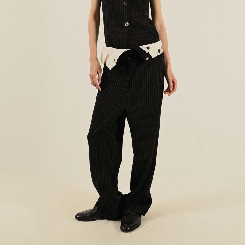【NaSuBi Vintage】Upcycling反折裤头条纹古着宽裤 - 女装长裤 - 其他人造纤维 黑色
