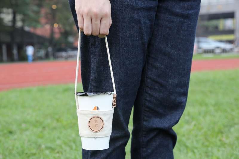 将生活提起 | 小环保杯套/提袋 | 植鞣牛皮 | 英文字母定制 | 白 - 随行杯提袋/水壶袋 - 棉．麻 白色