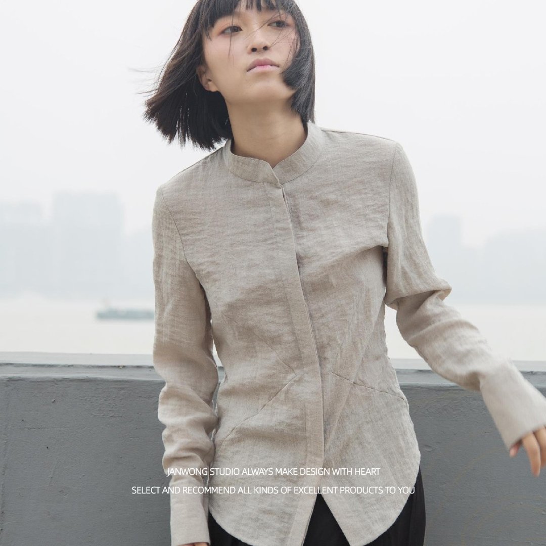 原创设计女款中山领设计款夏装长袖衬衫立领文艺复古格女衬衫新款 - 女装衬衫 - 棉 黑色