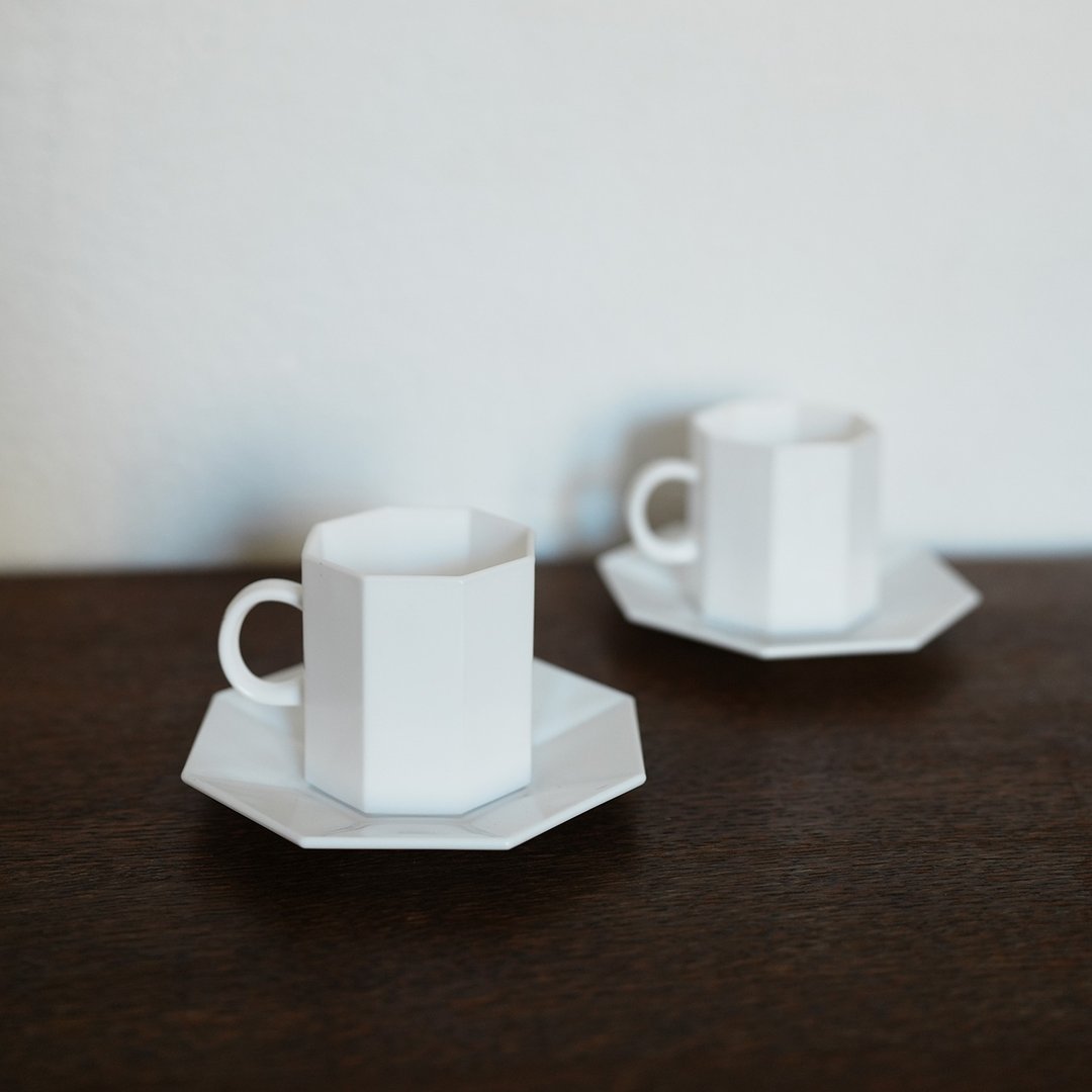 法国复古 Arcopal 八角形玻璃 杯碟组  / 咖啡杯 / 茶杯 - 玻璃杯 - 玻璃 白色