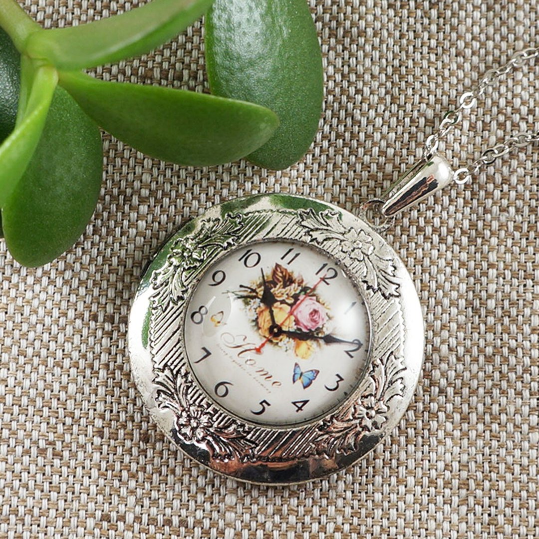 Watch Face Locket Silver Round Photo Locket Floral Pendant Necklace Jewelry Gift - 项链 - 玻璃 银色