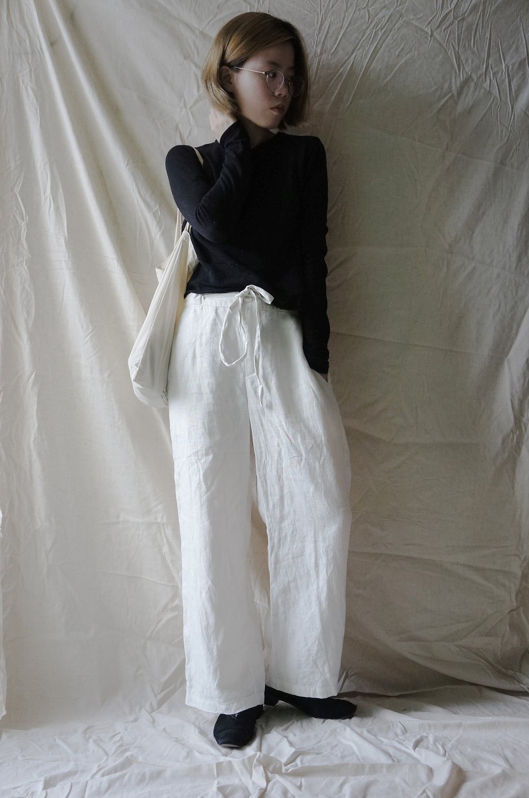 linen pants WHITE 白色亚麻束带阔腿长裤 - 男士长裤 - 棉．麻 白色