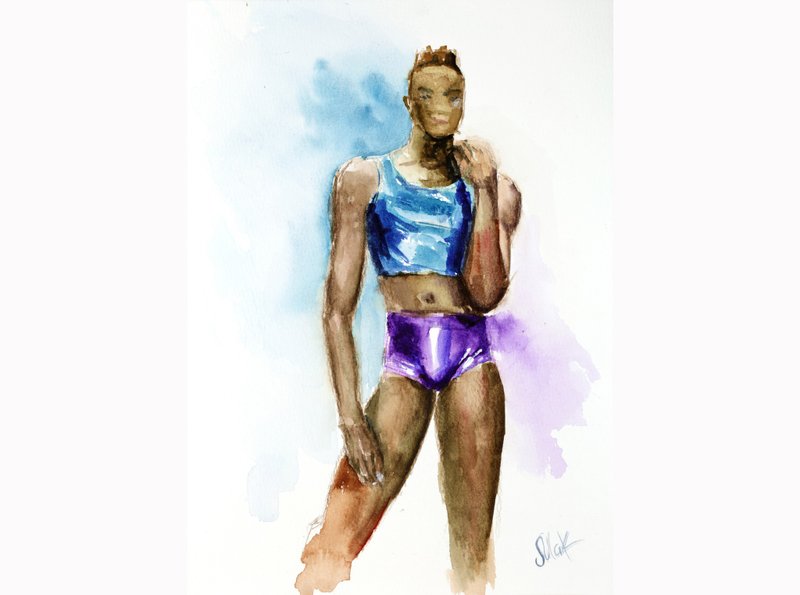 Naked Man Painting Lgbt Original Watercolor Erotic Men Painting Black Gay Africa - 海报/装饰画/版画 - 其他材质 蓝色