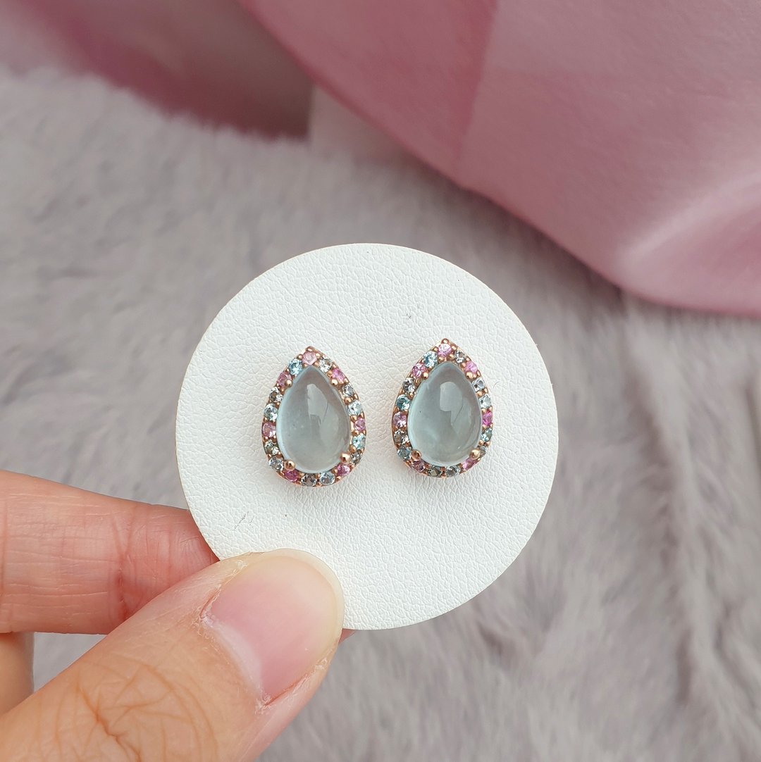 Aquamarine earrings surrounded by Fancy gemstone, 925 Silver, rose gold plated - 耳环/耳夹 - 宝石 蓝色