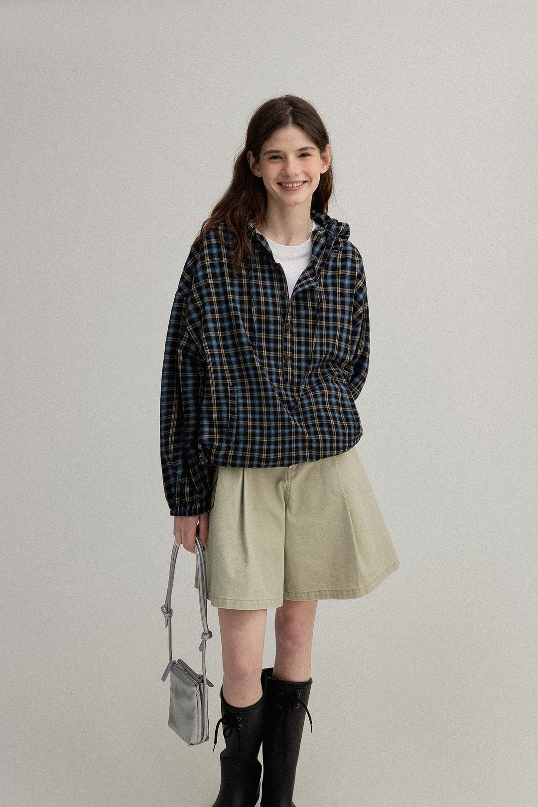 tomboy 复古撞色格子连帽衬衫 - 女装上衣 - 其他材质 多色