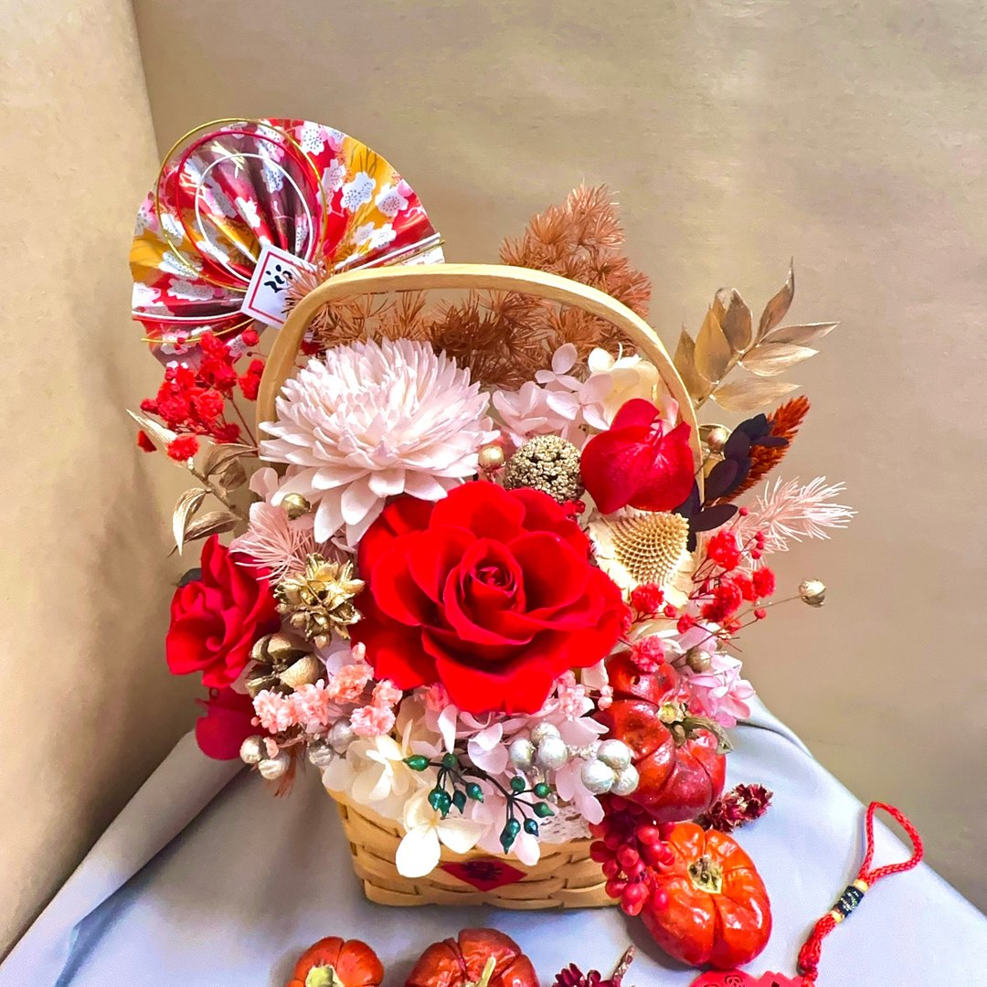 莳漫花间－花开富贵 2025新年 花篮 永生花 - 干燥花/捧花 - 植物．花 红色