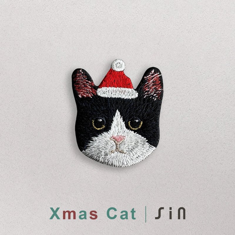 单卡圣诞小猫-刺绣贴纸-黄眼粉鼻奔驰猫(XHC0004) - 贴纸 - 绣线 红色