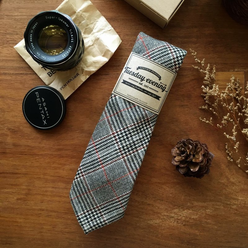 Cotton Glen Plaid (Black-Red Line) Necktie - 领带/领带夹 - 棉 白色