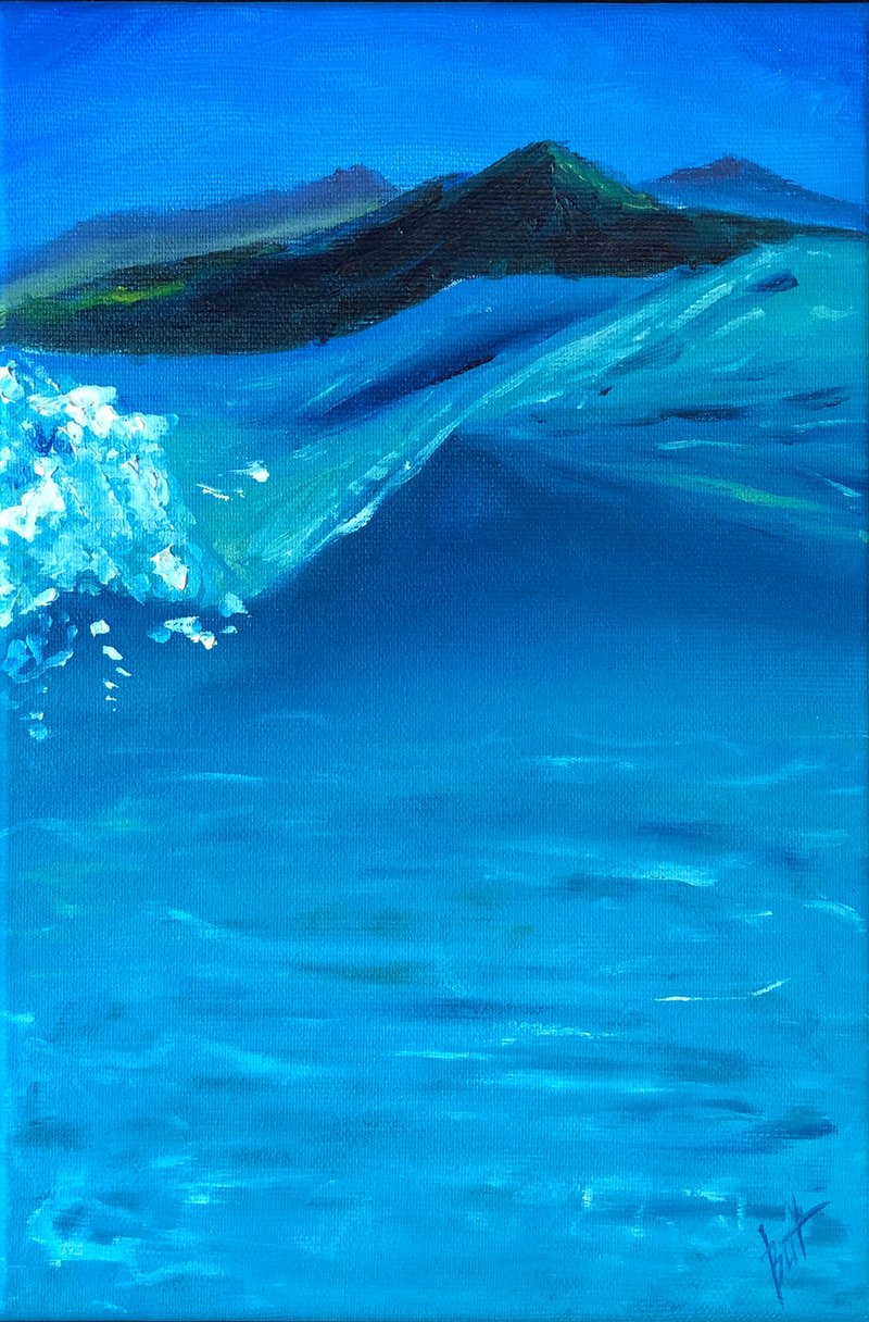 Wave Painting Seascape Original Oil Art Mountain Artwork Island Wall Art - 海报/装饰画/版画 - 其他材质 蓝色