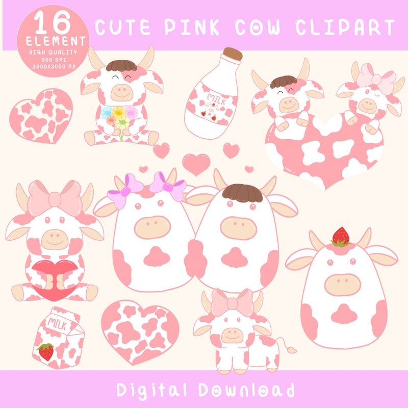 可爱的粉红小牛剪贴画，下载贴纸好记装饰贴纸 - 电子手绘真人画像/绘画/插画 - 其他材质 