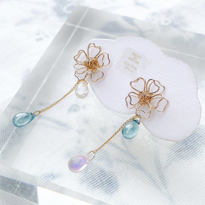 【日本设计师款】恋爱花雨露。钢针 / 硅胶耳夹 - 耳环/耳夹 - 铜/黄铜 蓝色