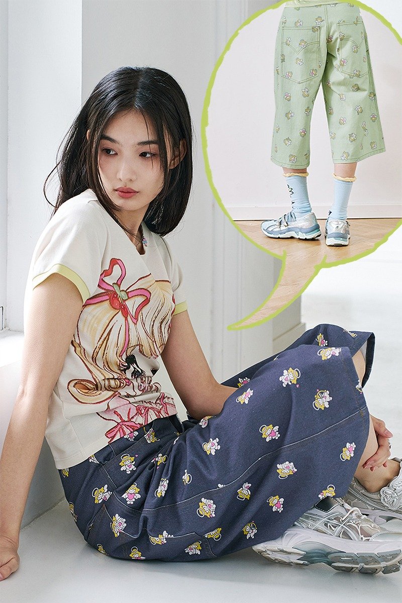 双色小天使印花牛仔裤七分裤百搭夏季 - 女装长裤 - 其他材质 多色