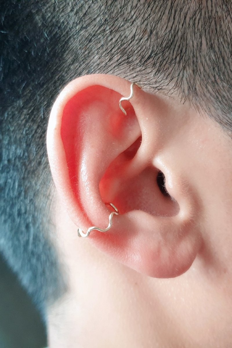 简约 波浪耳圈/耳骨夹 SV925/14KGF 养耳洞耳环 第二耳洞 鼻环 - 耳环/耳夹 - 纯银 金色