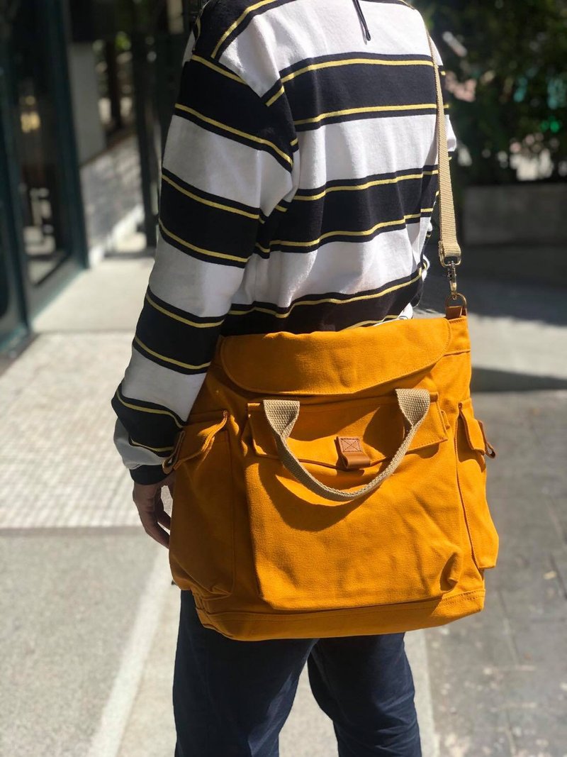 New Mustard Canvas 2way Bag / Messenger Vintage Style - 侧背包/斜挎包 - 棉 黄色