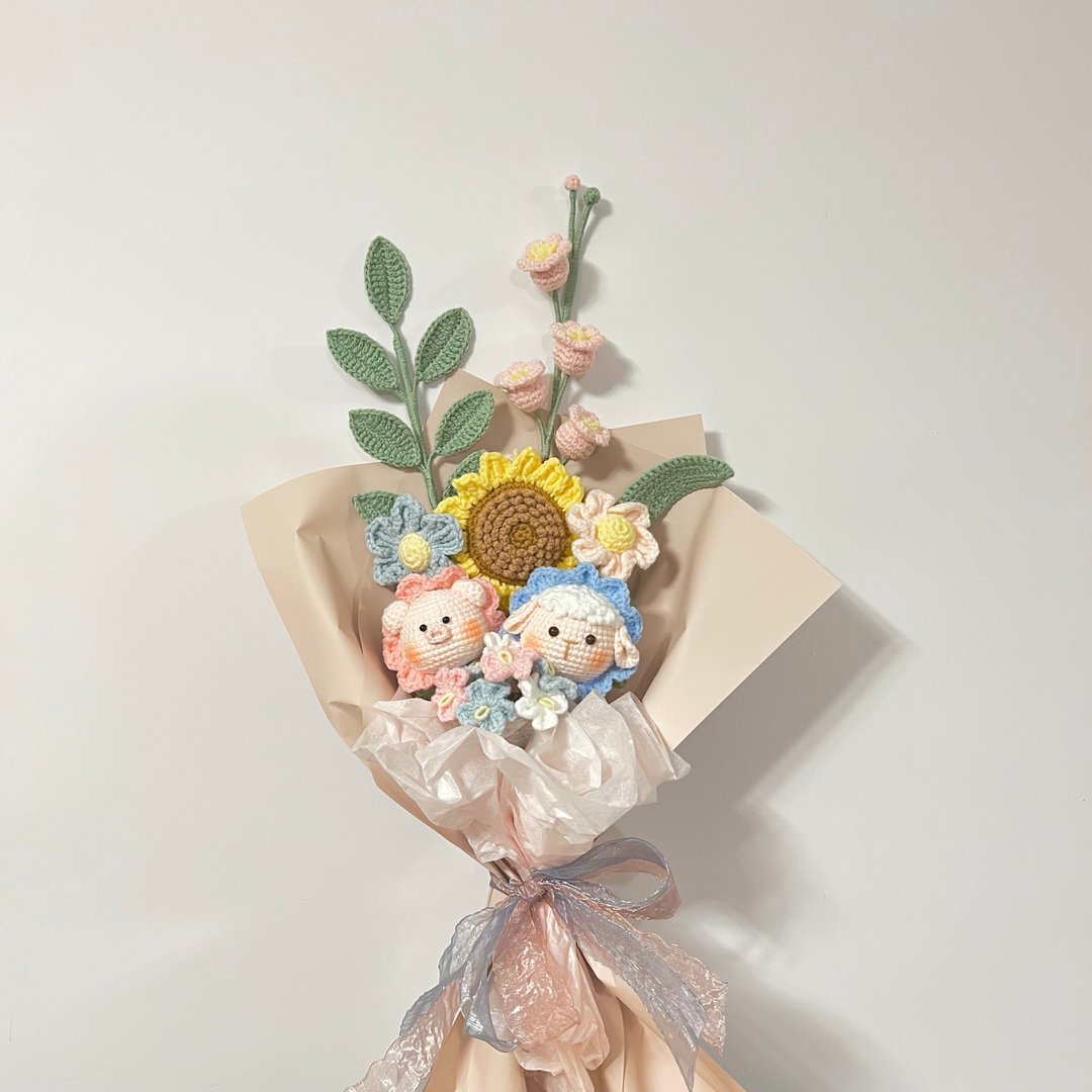 鈎针编织向日葵猪猪羊羊花花束 - 干燥花/捧花 - 棉 多色