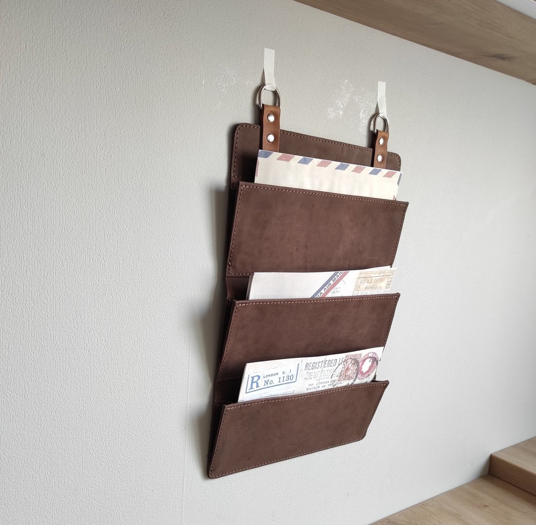Leather wall mail pocket, leather wall pocket organizer, Leather wall organizer - 收纳用品 - 真皮 黑色