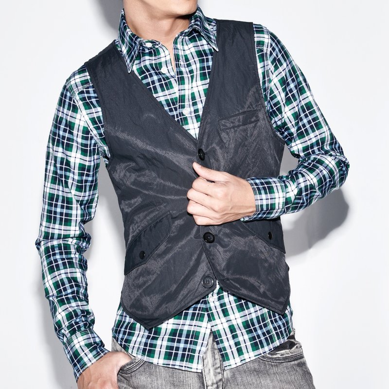 贴布绣标 绿色 蓝色 格子 长袖衬衫 - 男装衬衫 - 棉．麻 