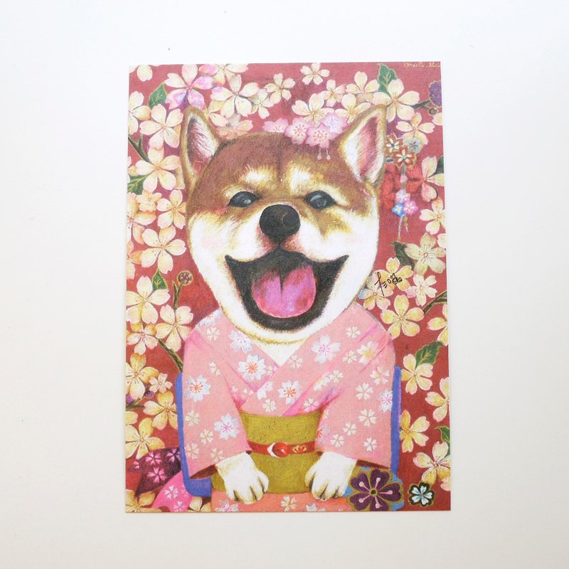 柴犬插画明信片-樱花纷飞 - 卡片/明信片 - 纸 红色